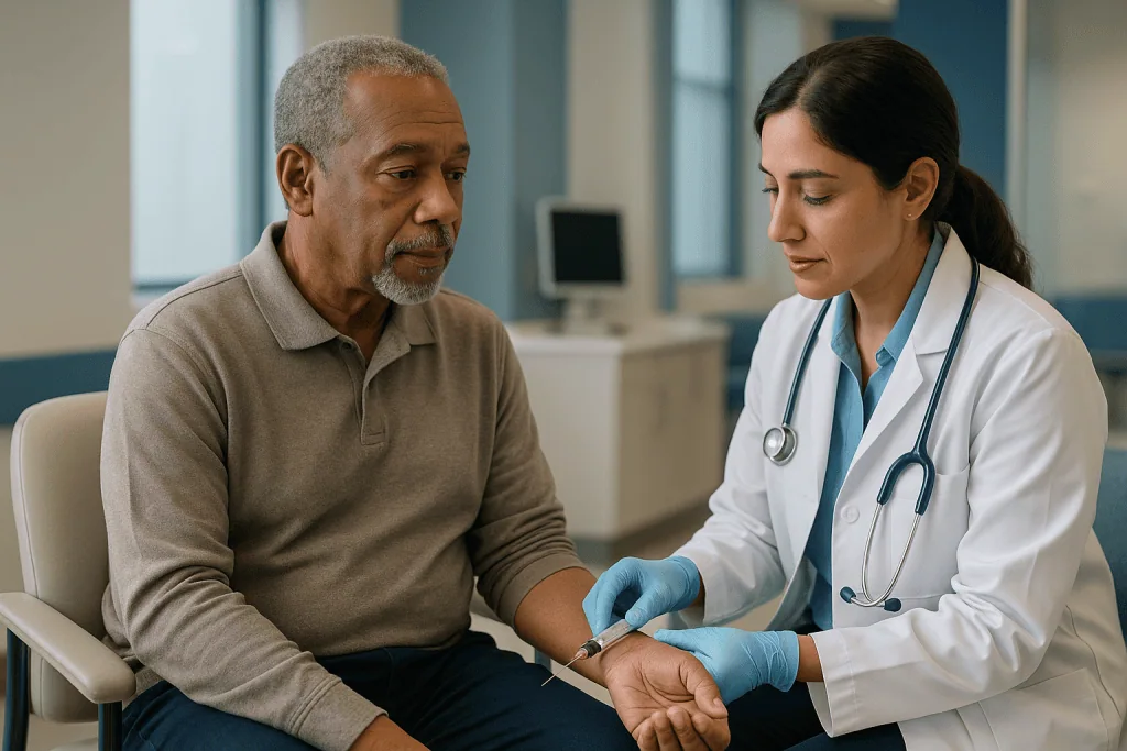 Doctor examining patient's arm in clinical consultation: Which routine blood tests confirm CLL and track it?