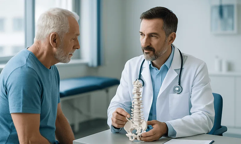 Doctor explaining spine issues to an elderly patient in a clinic setting.
