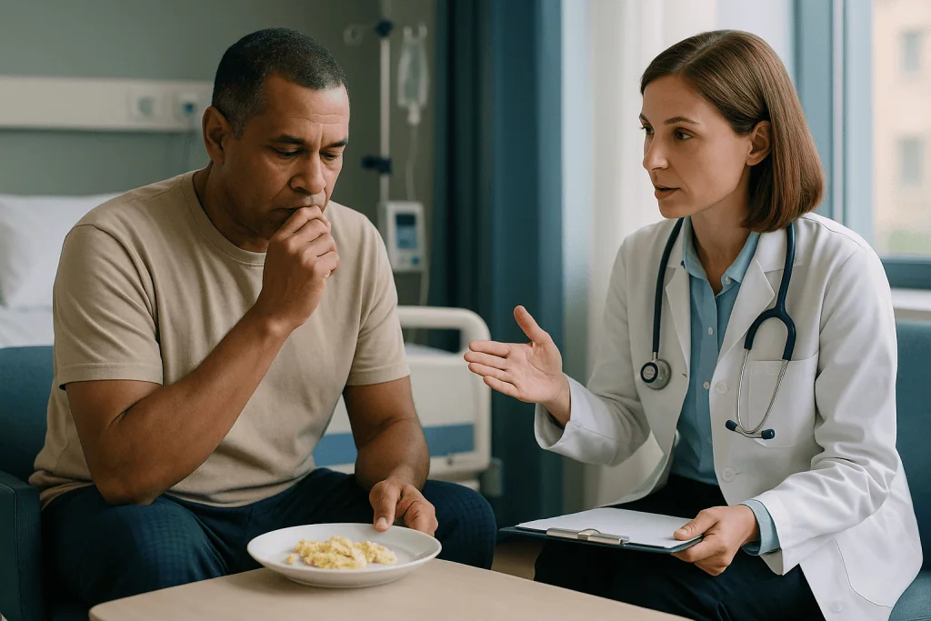 Doctor consulting patient about diet with food plate: Which stone procedure needs which preparation? A side-by-side look