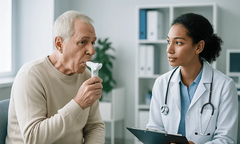 Doctor performs spirometry test on elderly patient in clinic setting.