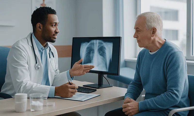 Doctor explaining chest X-ray to senior patient in consultation room.