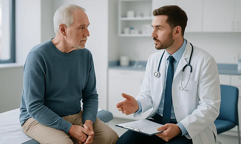 Urologist consulting with an elderly male patient in a medical office.