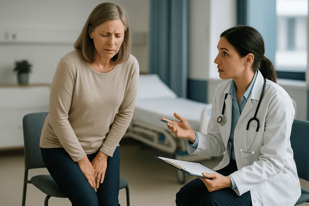 Female doctor consulting adult patient about incontinence: Which type of leak do you have? Stress, urge, mixed, overflow and
