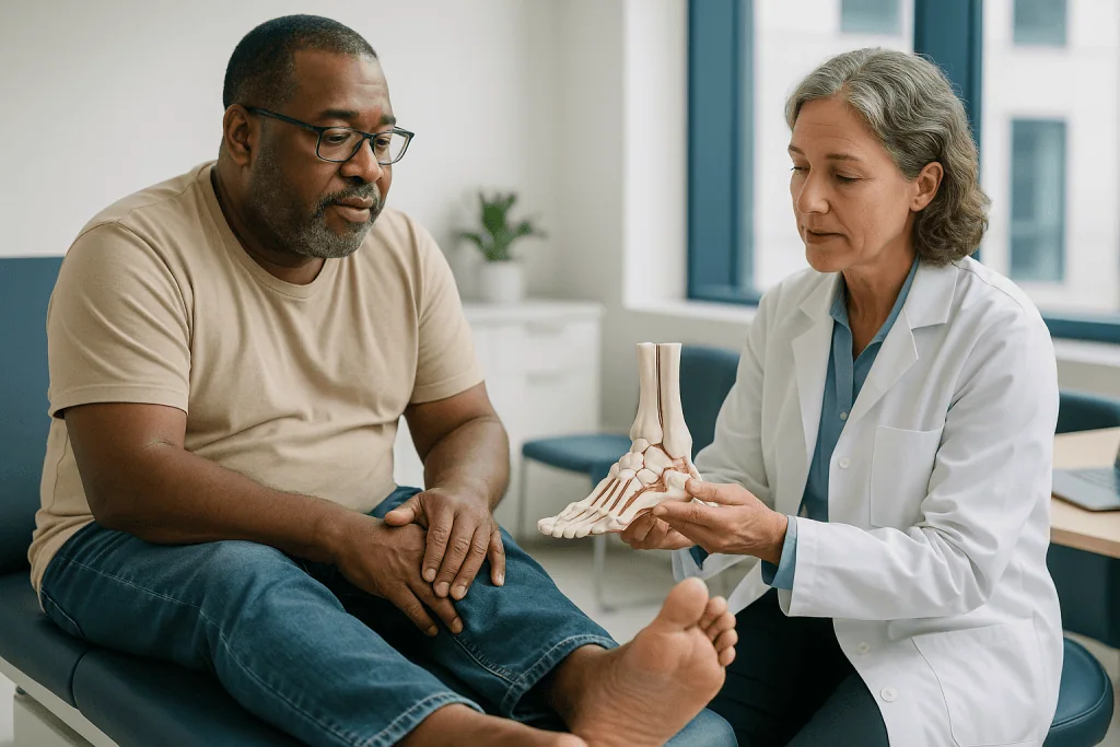 Doctor consulting patient about foot anatomy model: Which types of diabetic foot surgery exist, and why the reason matters