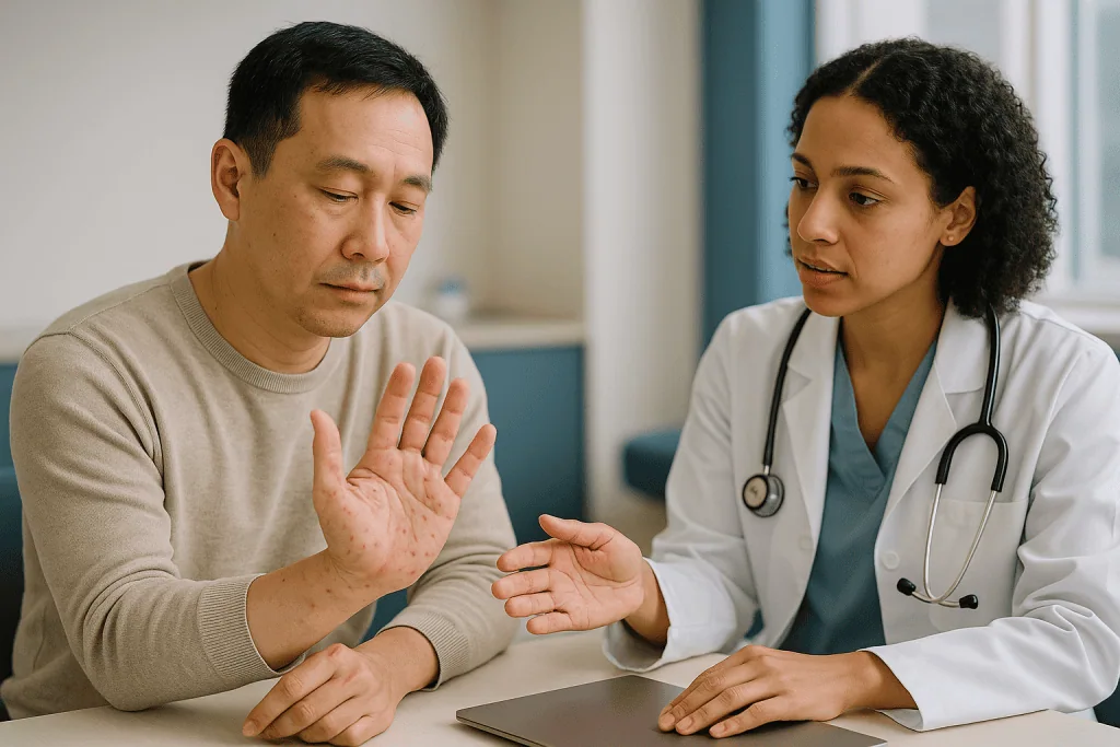 Doctor consulting patient about hand symptoms: Which viruses cause it, and why coxsackievirus A6 changed the picture