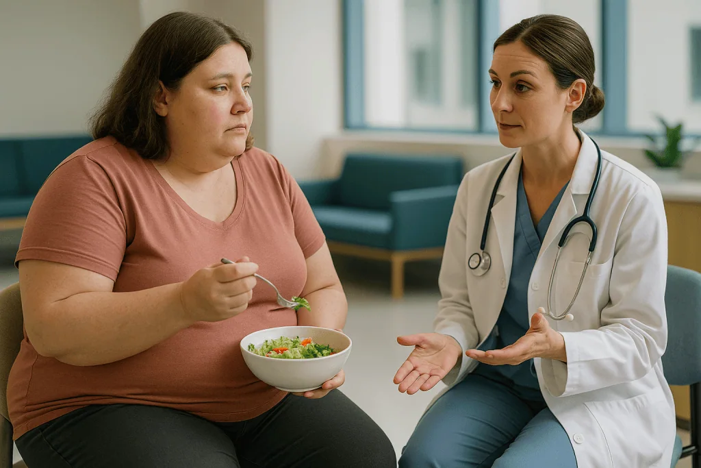 Doctor consulting patient about nutrition and diet: Who band adjustments are usually for, and who is asked to wait