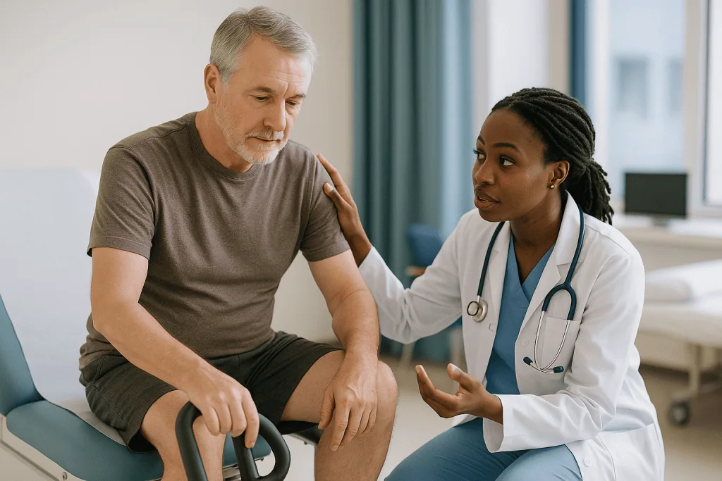 Doctor consulting with male patient in clinical setting: Who brachytherapy is usually for, and who is usually asked to wait