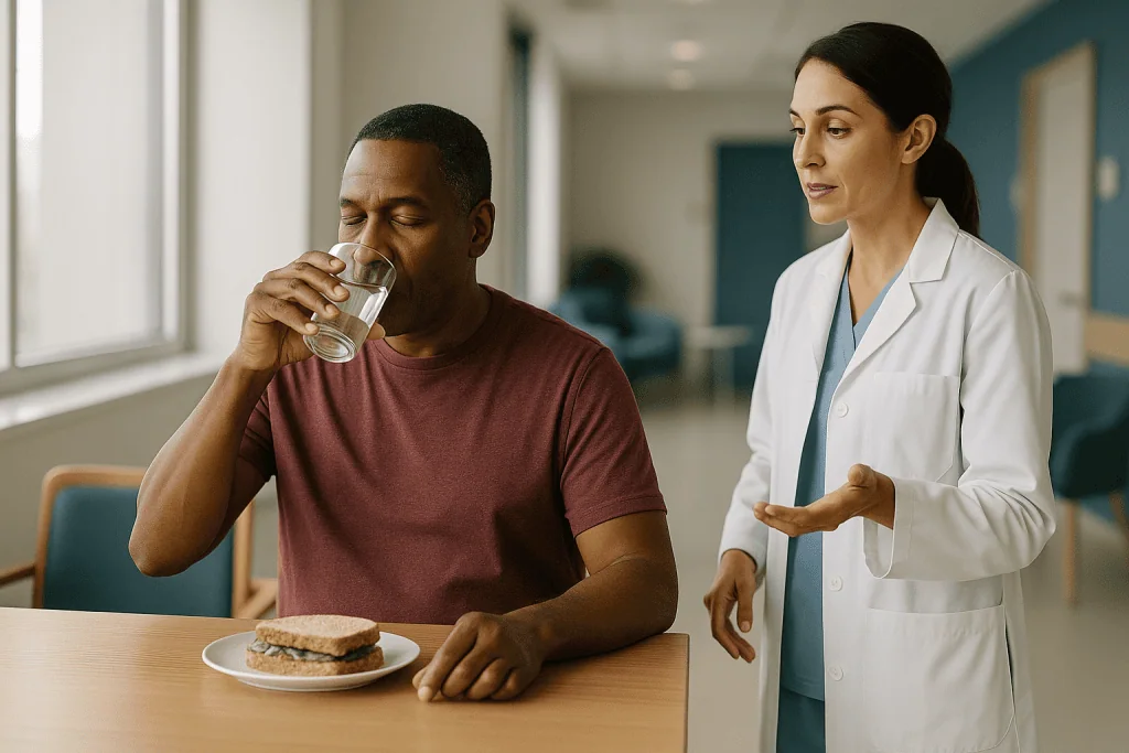 Man drinking water with doctor observing in clinical setting: Who does not need one: why most days, water and a meal are eno