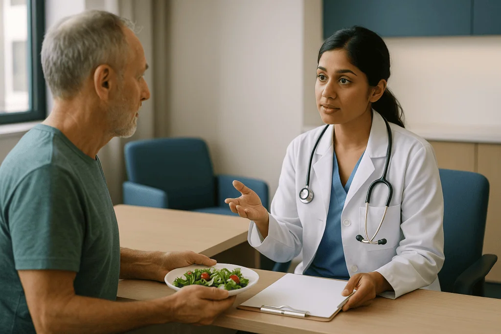 Doctor consulting patient about diet and health: Who gets a simple sign-off, and who is asked to keep coming back
