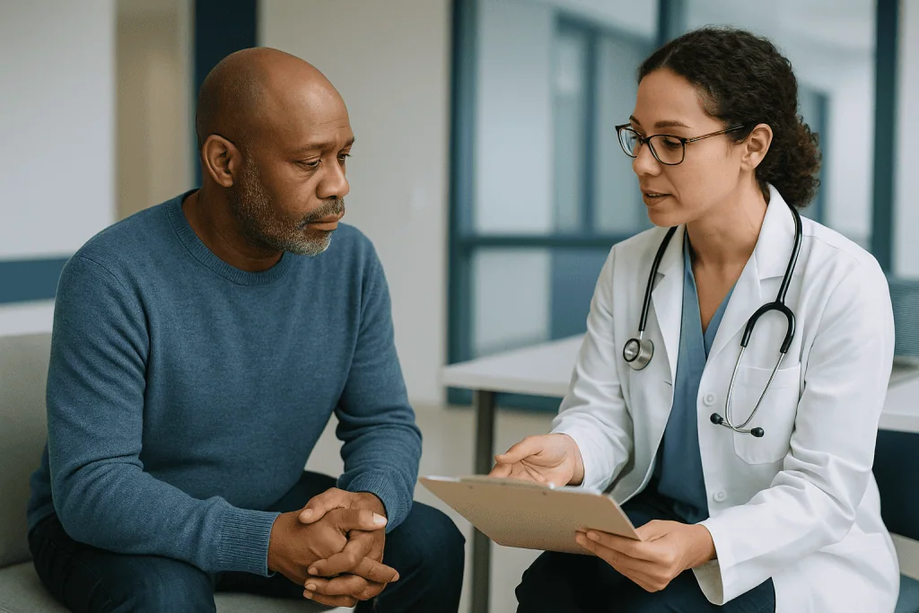 Doctor consulting with male patient holding tablet: Who has a biopsy first, who goes straight to surgery, and who is asked t