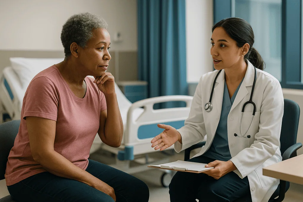 Doctor consulting with patient in hospital room: Who has a mastectomy, and who is usually asked to wait