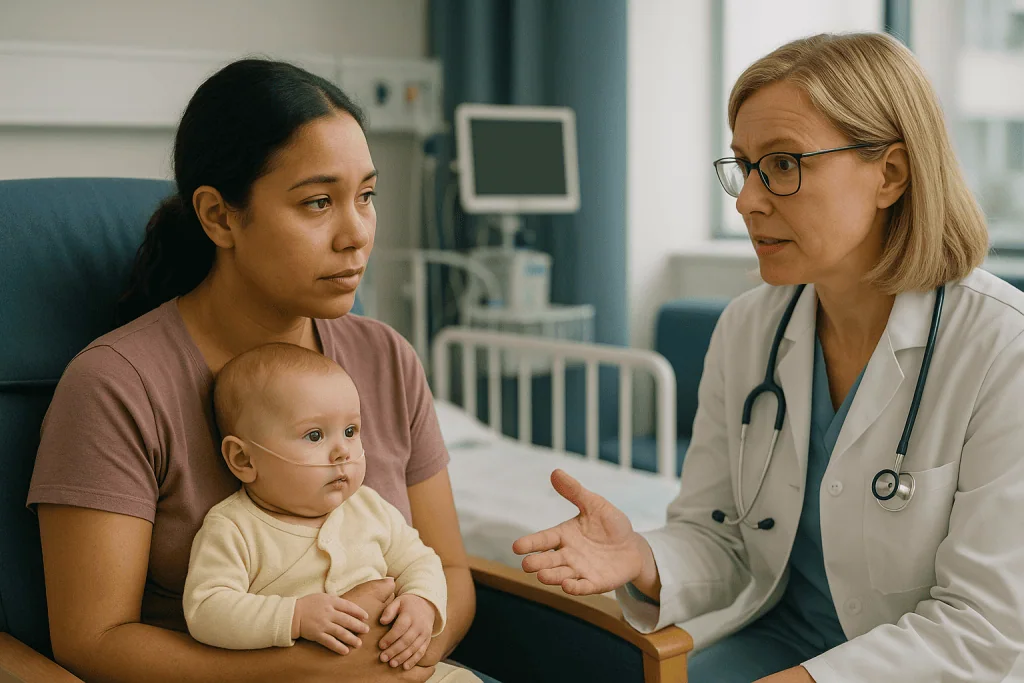 Doctor consulting mother holding infant with oxygen support: Who has surgery soon, and who is usually asked to wait?