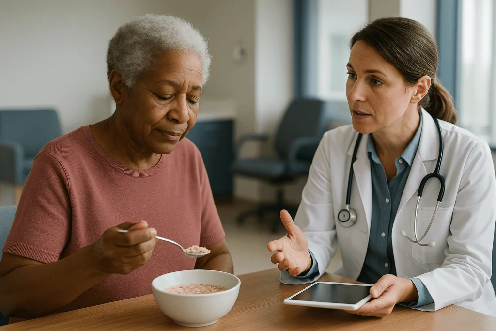 Doctor consulting senior patient eating cereal: Who injections are usually for, and who is usually asked to wait