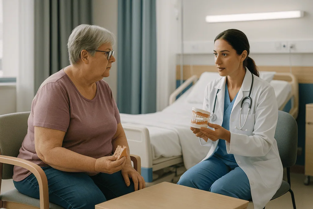 Doctor consulting senior patient with dental model in hospital room: Who is a smile makeover usually for, and who is usually
