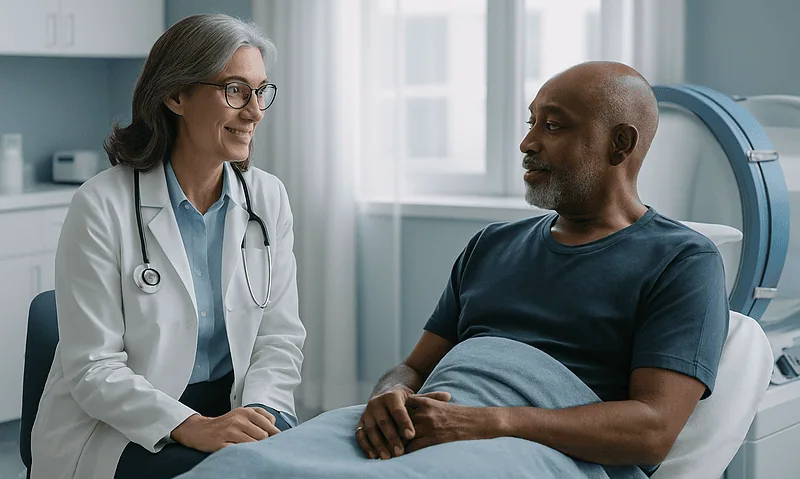 Doctor consulting with patient in hospital room for hyperbaric oxygen therapy.