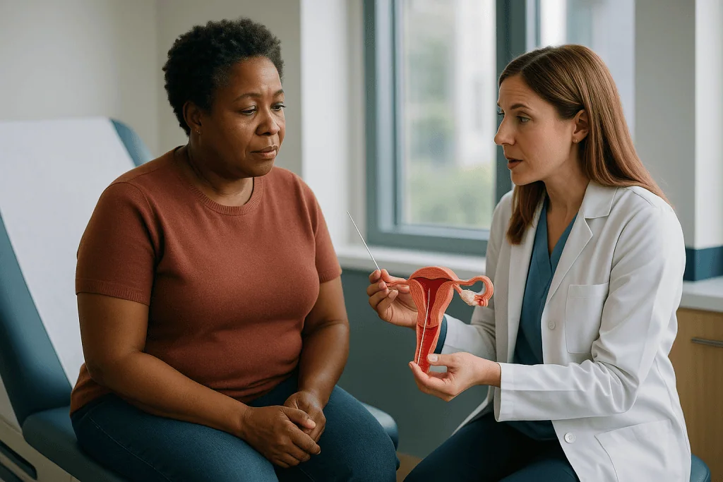 Doctor consulting patient using anatomical uterus model: Who is IUI usually for, and who is usually asked to consider other 
