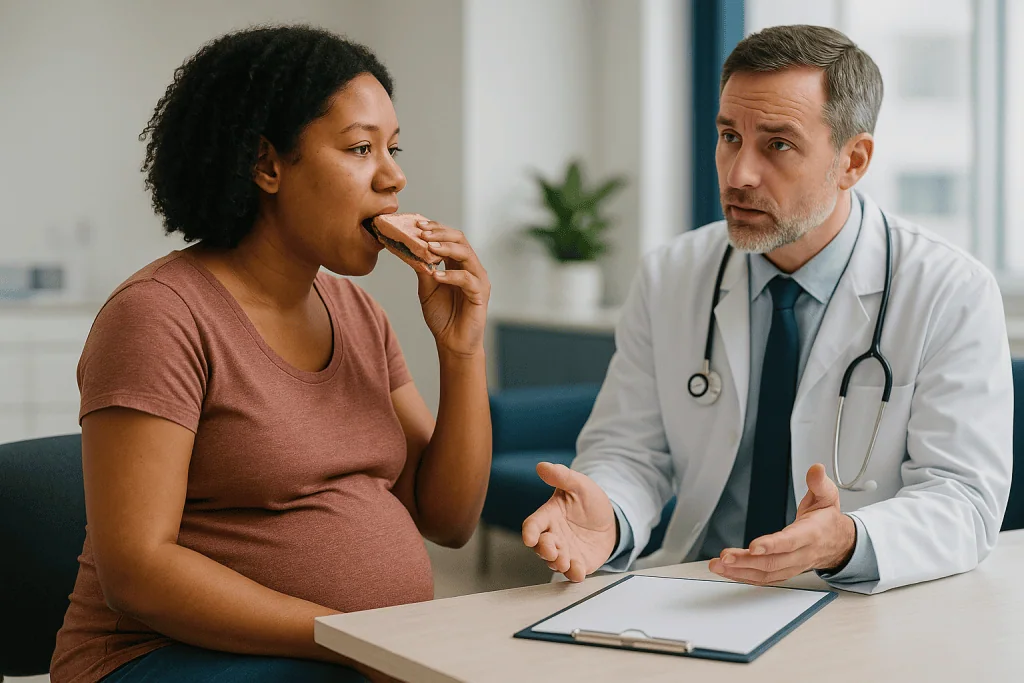 Doctor consulting pregnant patient eating sandwich: Who is jaw surgery usually for, and who is asked to wait?
