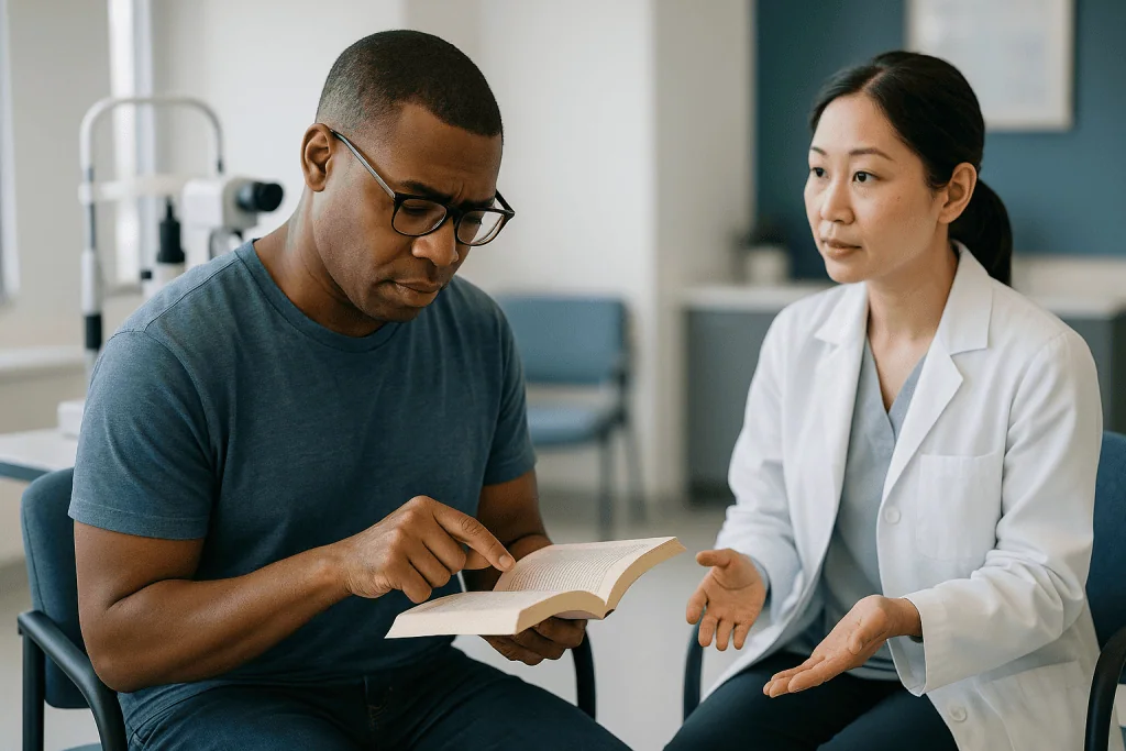 Doctor consulting with patient, reviewing medical document: Who is laser treatment usually for, and who is asked to wait?