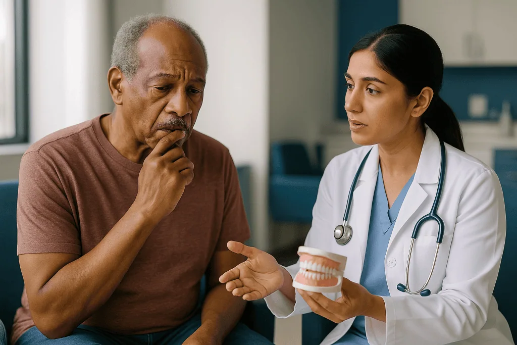 Dentist showing dental model to senior male patient: Who is most at risk of receding gums?