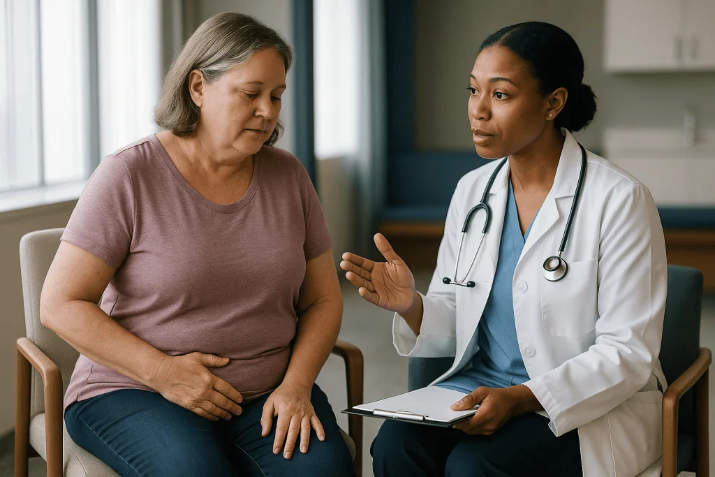 Doctor consulting with middle-aged woman patient: Who is robotic hysterectomy usually for, and who is usually asked to wait?