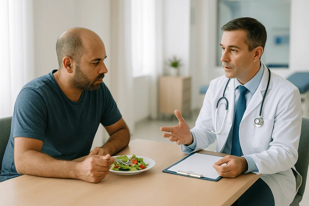Doctor consulting patient about salad nutrition: Who is usually a candidate for corrective hair transplant, and who is asked