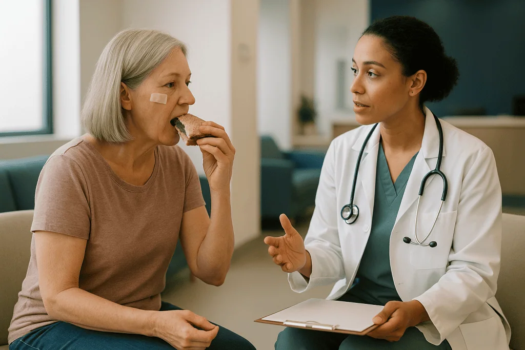 Doctor consultation with patient eating sandwich: Who is usually cleared early, and who is usually asked to wait