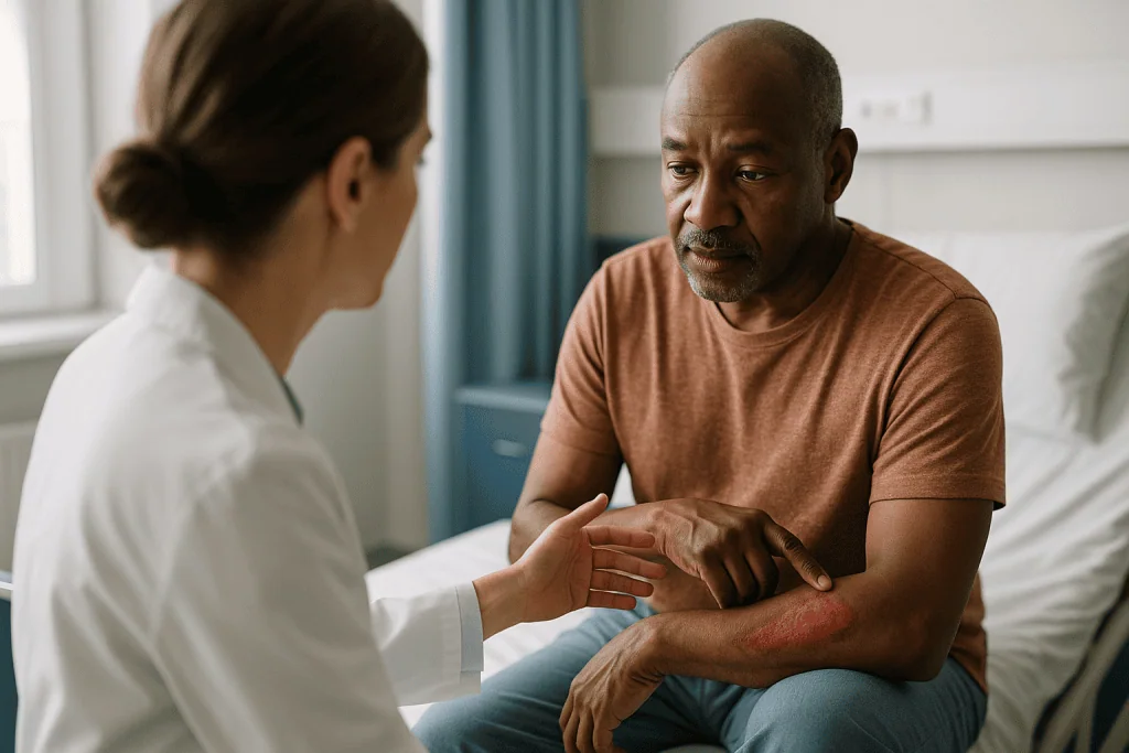 Healthcare provider examining patient's arm injury: Who is usually offered a skin graft, and who is asked to wait?