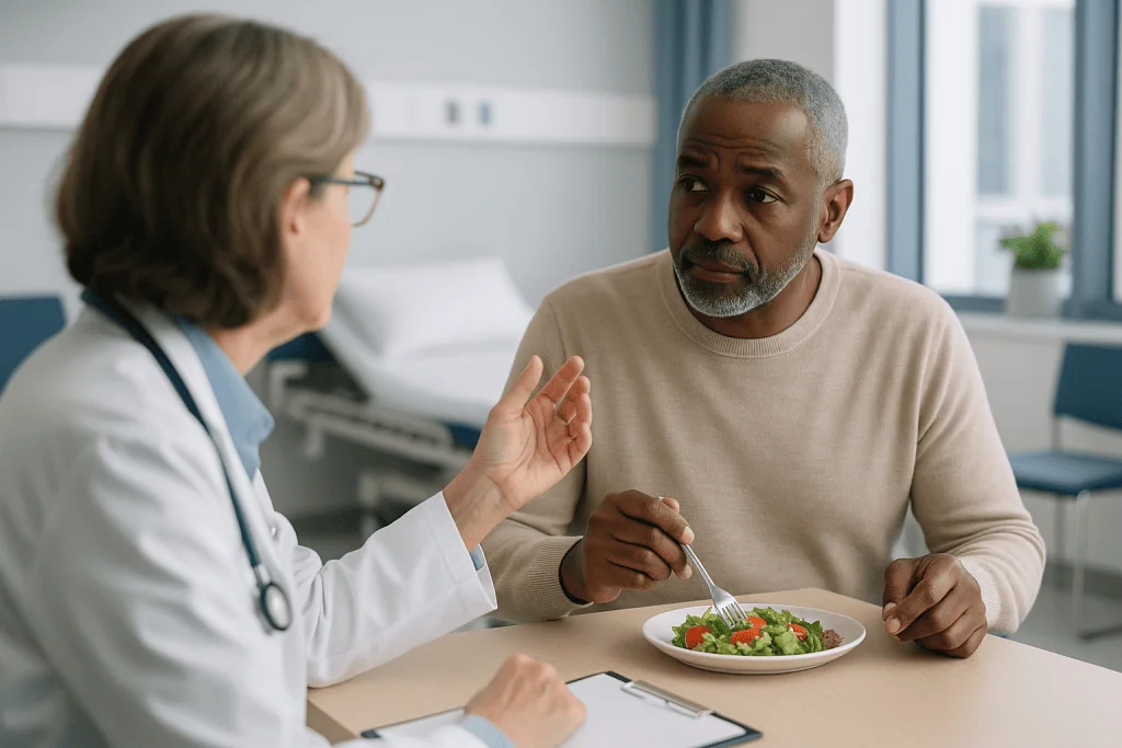 Doctor consulting patient about diet and nutrition: Who is usually offered a stapedectomy, and who is asked to wait