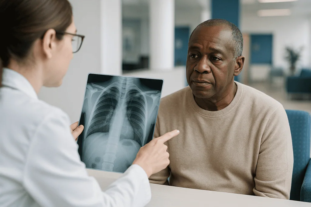 Doctor reviewing chest X-ray with patient in clinic: Who is usually offered an acute bronchitis chest X-ray, and who is aske