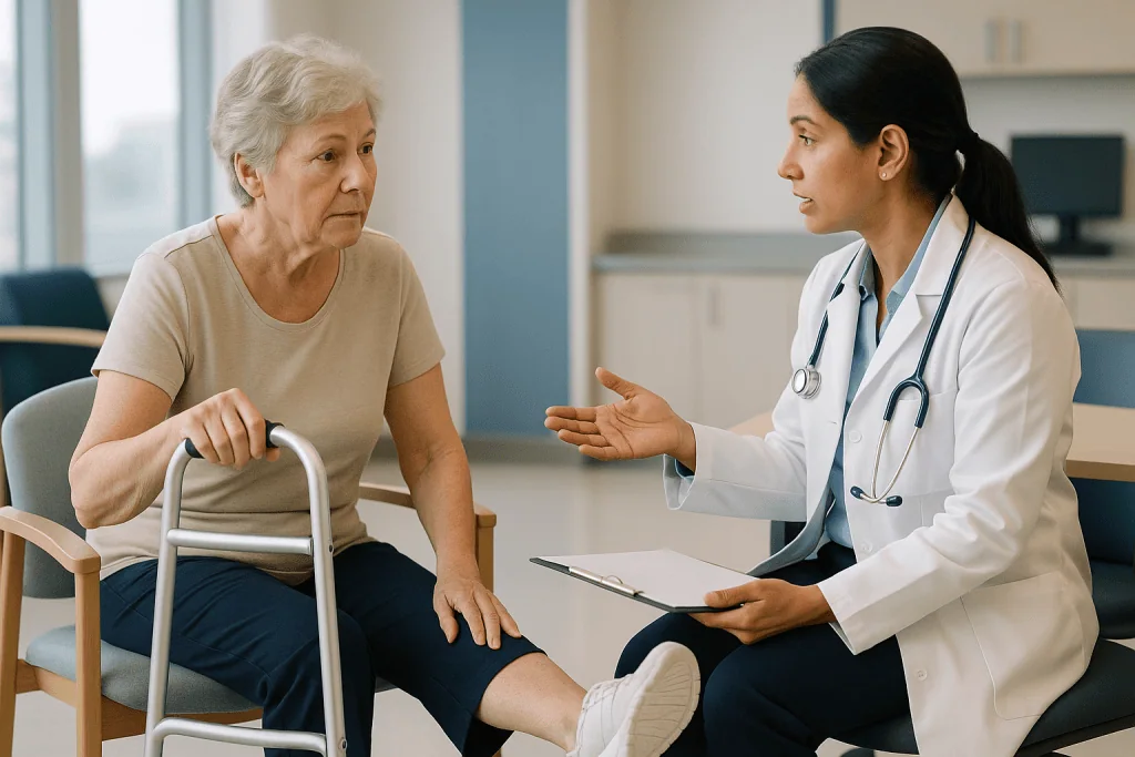 Doctor consulting senior patient in clinical office setting: Who is usually offered an ankle replacement, and who is asked t