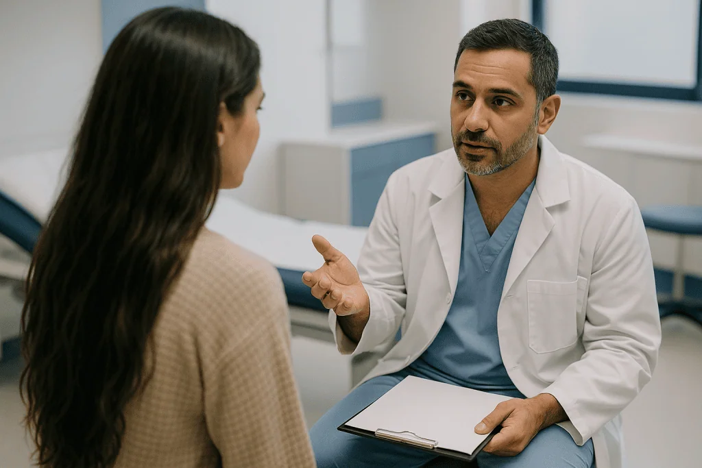Doctor having a consultation with a female patient: Who is usually offered an unshaven transplant, and who is asked to wait
