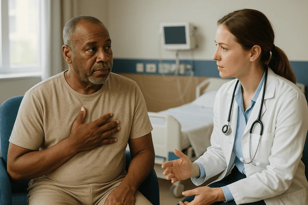 Doctor consulting with male patient in clinic room: Who is usually offered bypass surgery, and who is asked to wait?