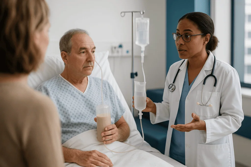 Doctor consulting patient with IV nutrition setup: Who is usually offered each option, and who is usually asked to wait