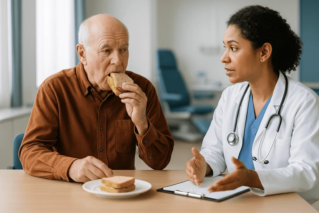Doctor consulting patient about sandwich and nutrition: Who is usually offered mini implants, and who is asked to wait?
