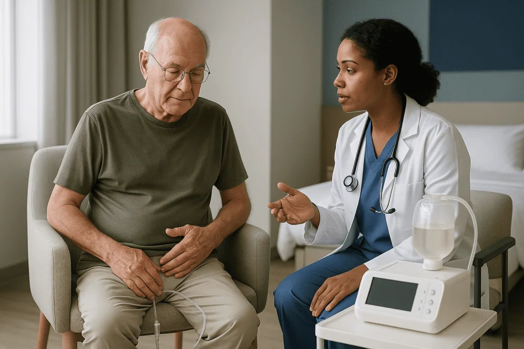 Doctor consulting elderly male patient about abdominal symptoms: Who is usually offered peritoneal dialysis, and who is aske