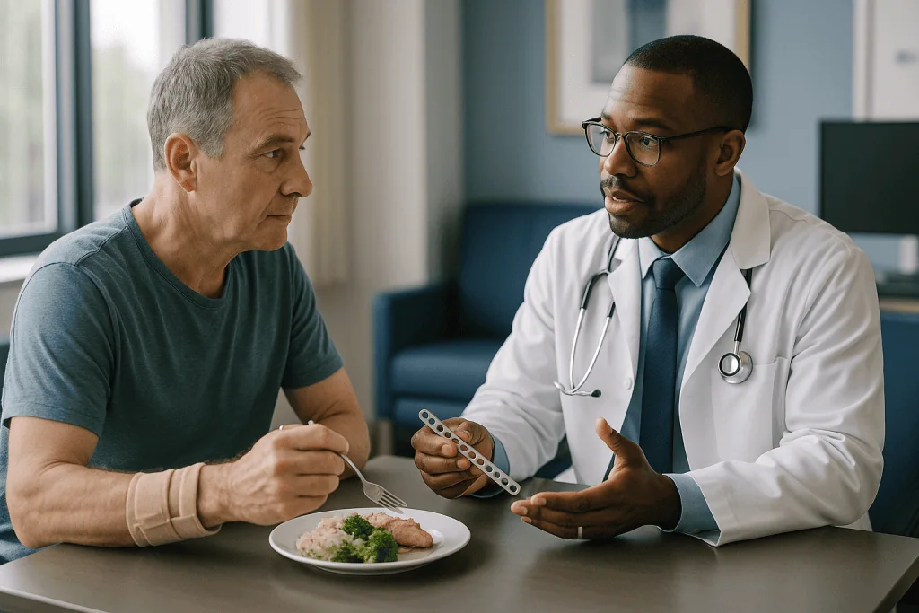 Doctor consulting patient about meal nutrition: Who is usually offered plates and screws fracture surgery, and who is asked
