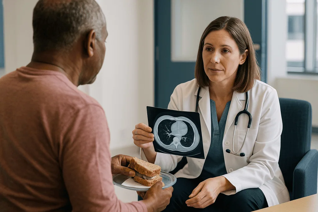 Doctor showing chest CT scan to patient with sandwich: Who is usually offered scan-based follow-up, and who is asked to scan
