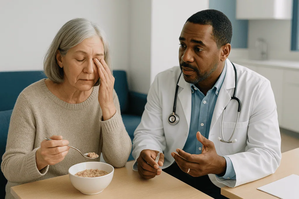Doctor consulting patient about nutrition or diet: Who is usually offered the injection, and who is asked to wait
