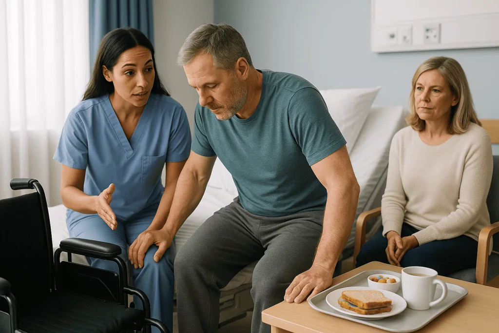 Healthcare provider consulting with patient and family member: Who is usually taught home transfers, and who is asked to wai
