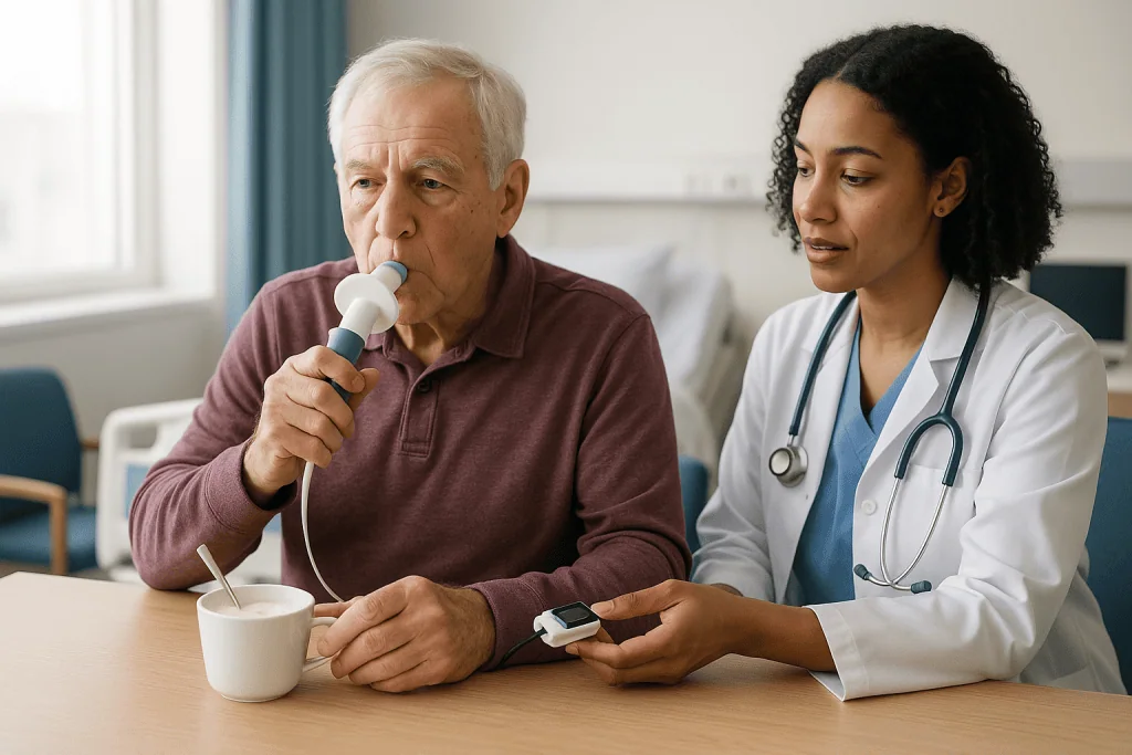 Senior man using inhaler with doctor monitoring: Who is usually tested, and who is usually asked to wait