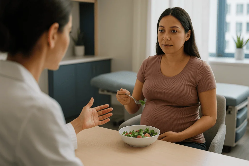 Pregnant woman eating salad with healthcare provider: Who masseter injections are usually for, and who is usually asked to w