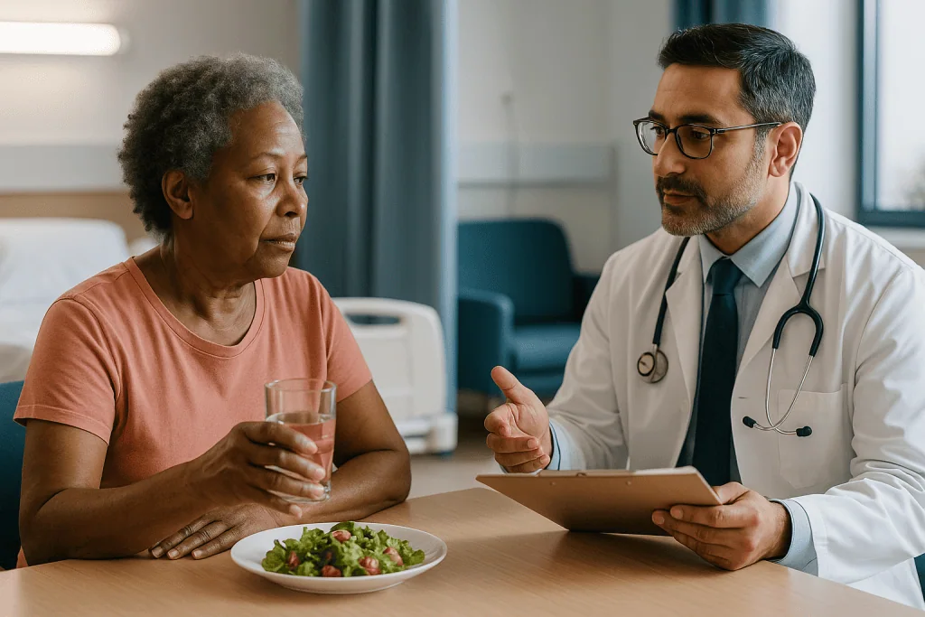 Doctor consulting patient about diet and health: Who minimally invasive urology is usually for, and who is usually asked to 