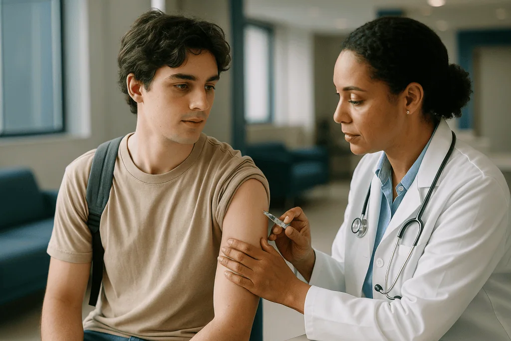 Healthcare provider administering vaccine injection to young male patient: Who needs the MenACWY vaccine, and at what mening