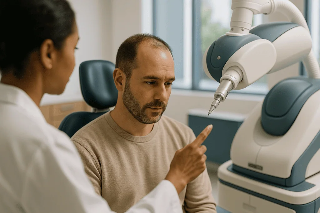 Doctor consulting patient with robotic surgical equipment: Who places the hair grafts? The question most people forget to as