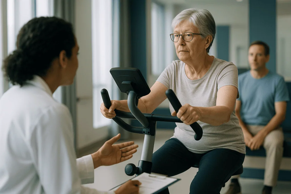 Older woman on stationary exercise bike with healthcare provider: Who pulmonary rehabilitation is usually for, and who is as