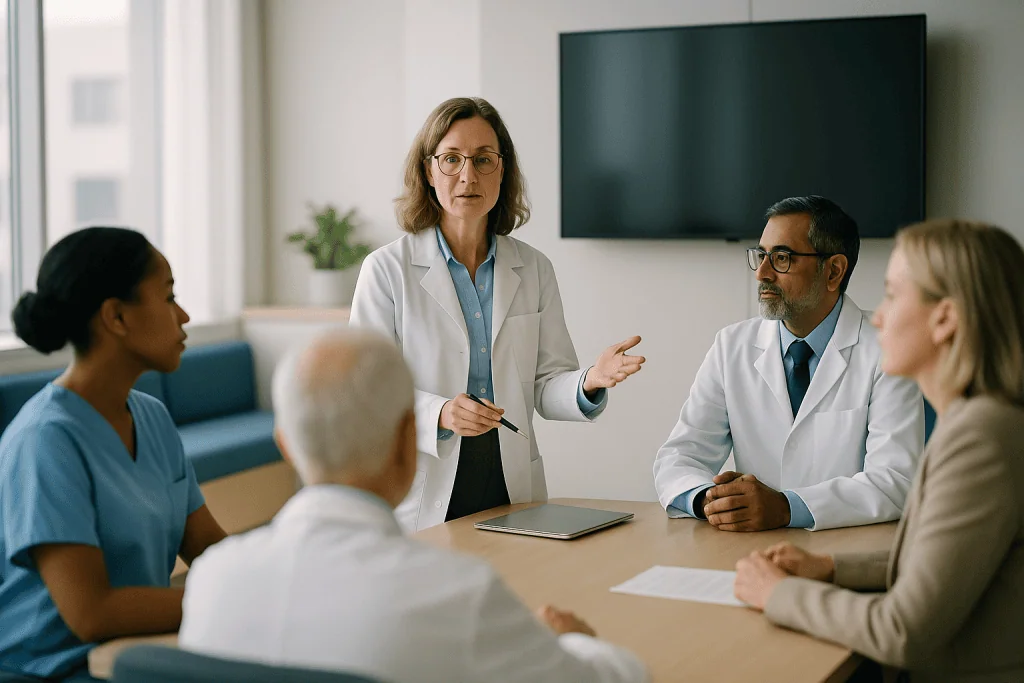 Medical team meeting discussing patient case in conference: Who sits on a head and neck cancer tumor board?