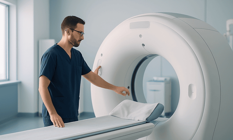 Medical professional prepares MRI scan in a modern hospital setting.