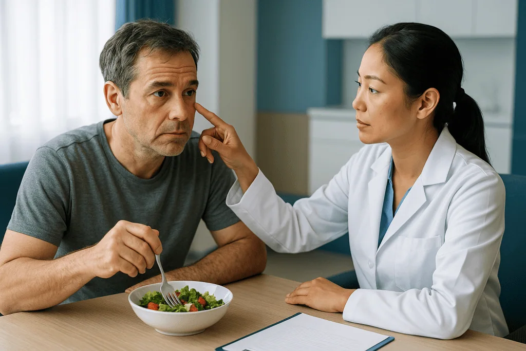 Doctor consulting patient about salad during meal: Who suits under eye filler, and who does not