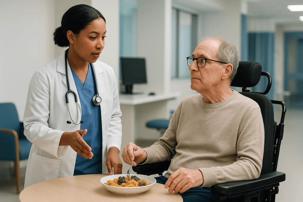 Doctor consulting elderly patient about meal nutrition: Who the ALS multidisciplinary clinic is for, and which decisions are
