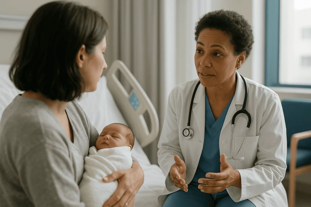 Pediatrician consulting with mother holding newborn: Who usually goes home straight away, and who is asked to stay a little